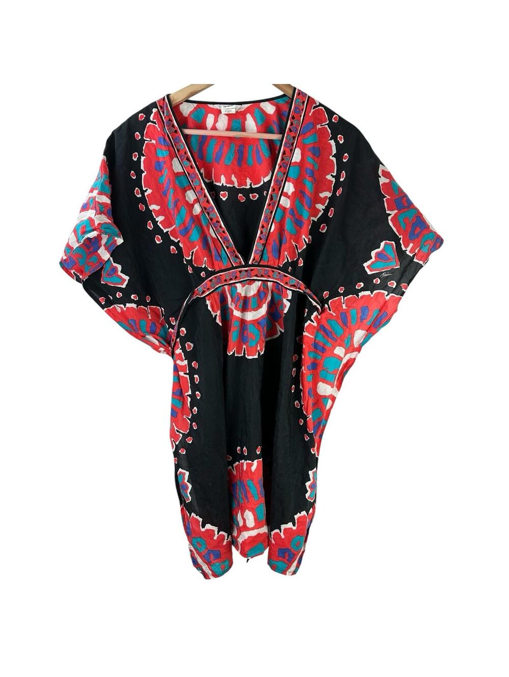 Trina Turk Yucateca Tunic Swim Cover Tunic Black Red Multi Short Caftan Size L